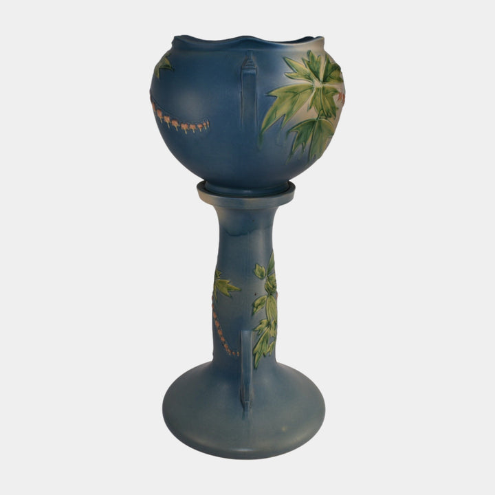 Roseville Bleeding Heart 1940 Vintage Pottery Blue Jardiniere Pedestal 651-10