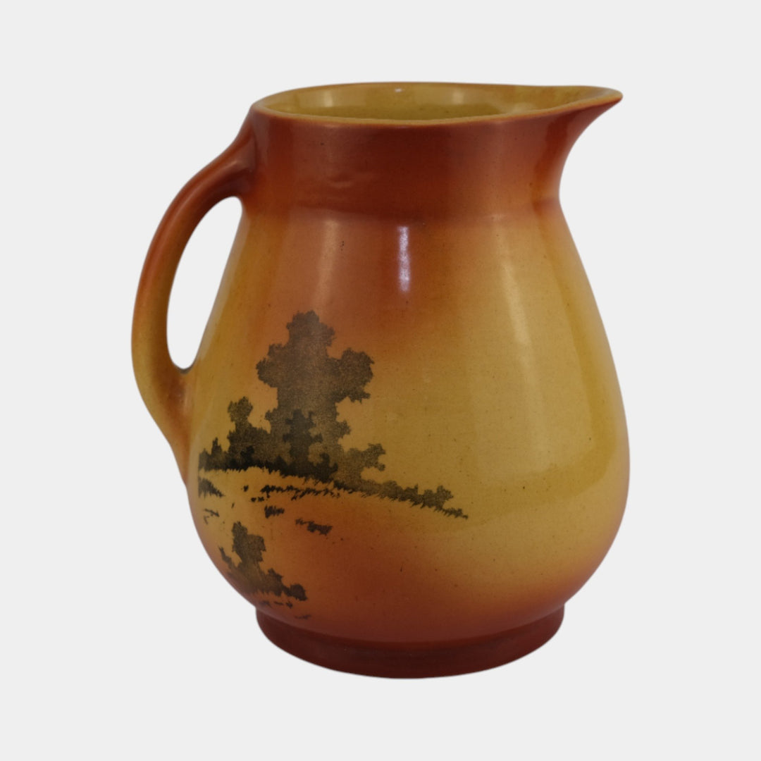 Roseville Autumn 1910 Vintage Art Pottery Yellow Orange Scenic Ceramic Pitcher - Just Art Pottery