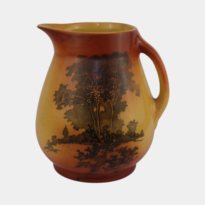 Roseville Autumn 1910 Vintage Art Pottery Yellow Orange Scenic Ceramic Pitcher - Just Art Pottery