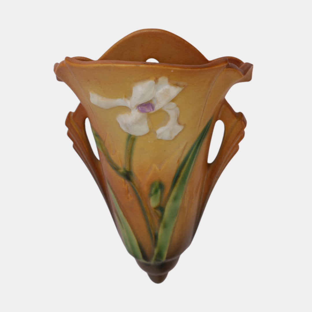 Roseville Iris Tan 1939 Vintage Art Deco Pottery Ceramic Wall Pocket 1284-8