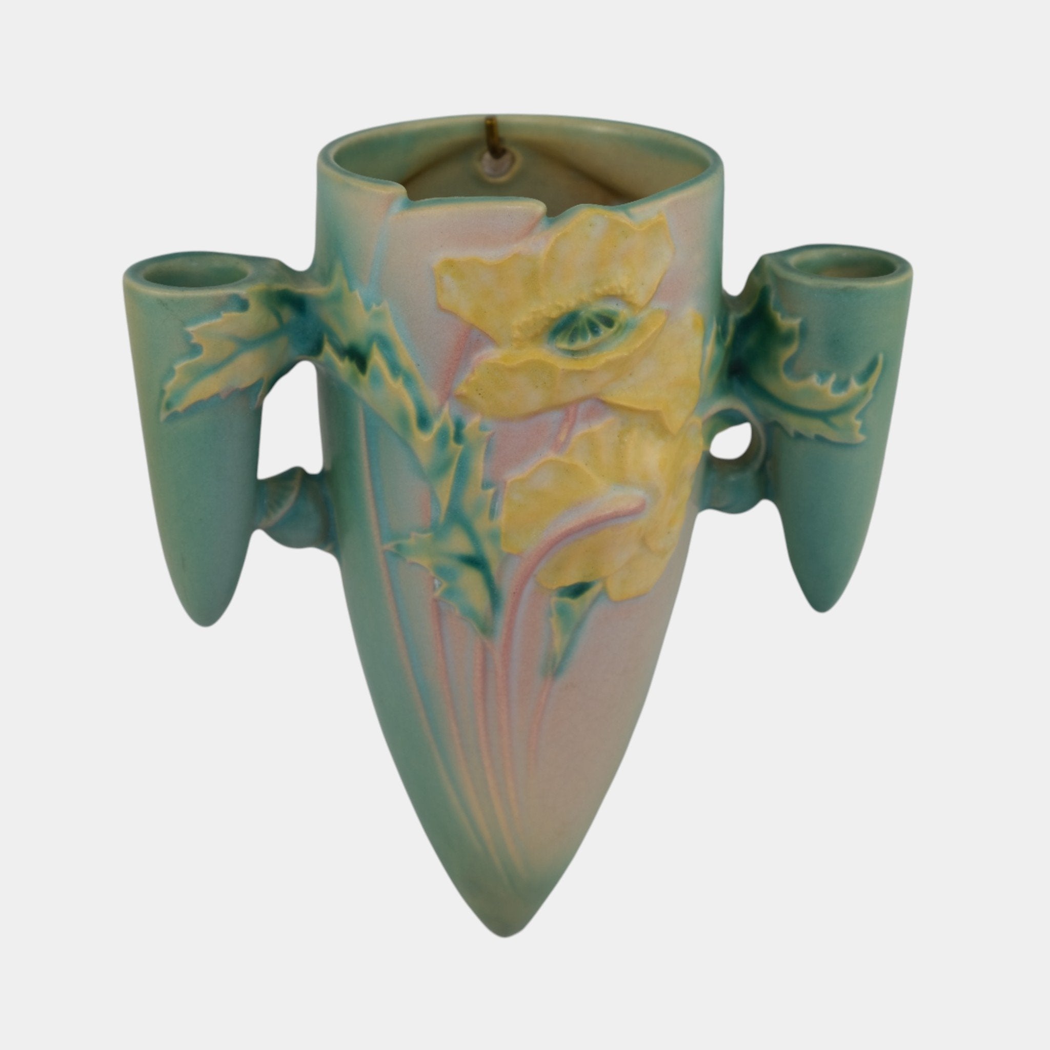 【安心6カ月保証付き】HRF　レトロファン　【PO16ETA-032】 Roseville Poppy Green 1930 Vintage Art Ceramic Wall Pocket 1281-8