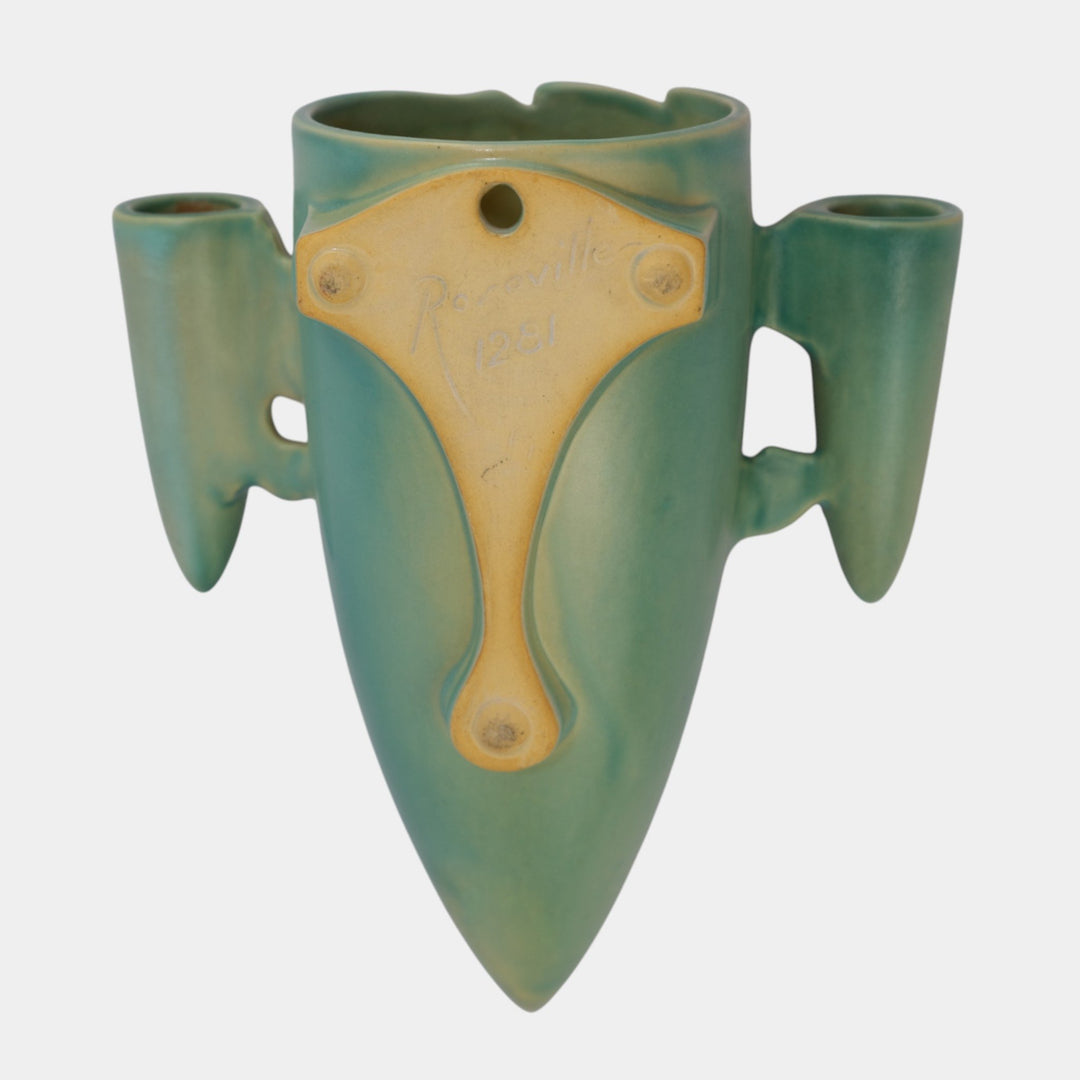 Roseville Poppy Green 1930 Vintage Art Ceramic Wall Pocket 1281-8