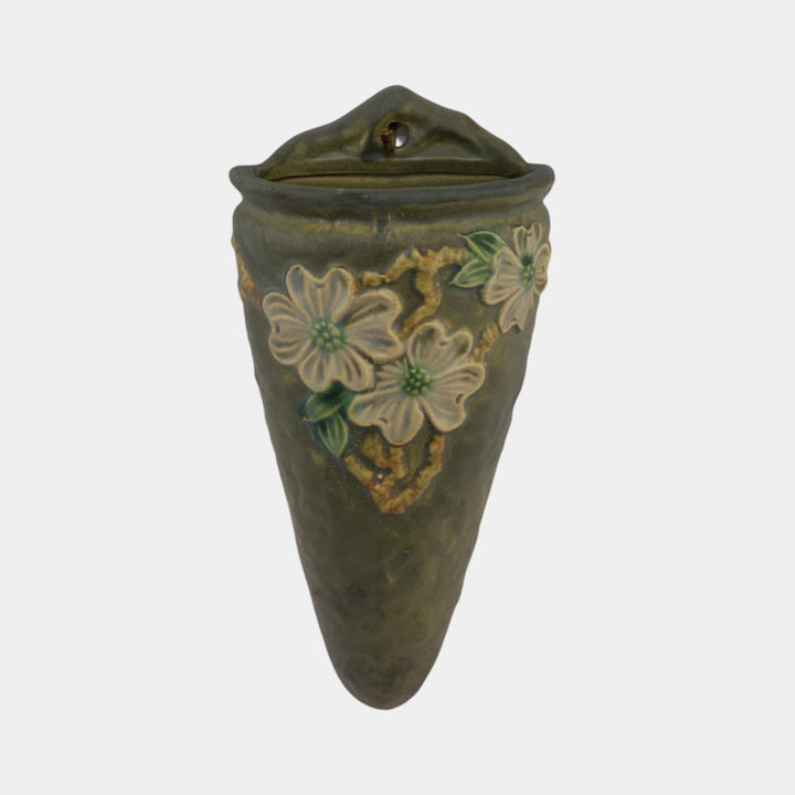 Roseville Dogwood Textured 1926 Vintage Pottery Green Ceramic Wall Pocket 1245-9