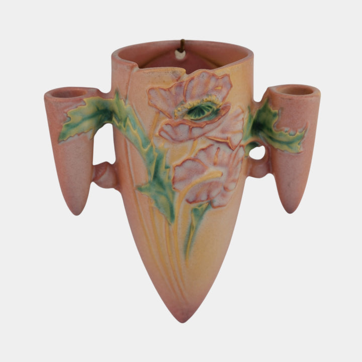 Roseville Poppy Pink 1930 Vintage Art Ceramic Wall Pocket 1281-8