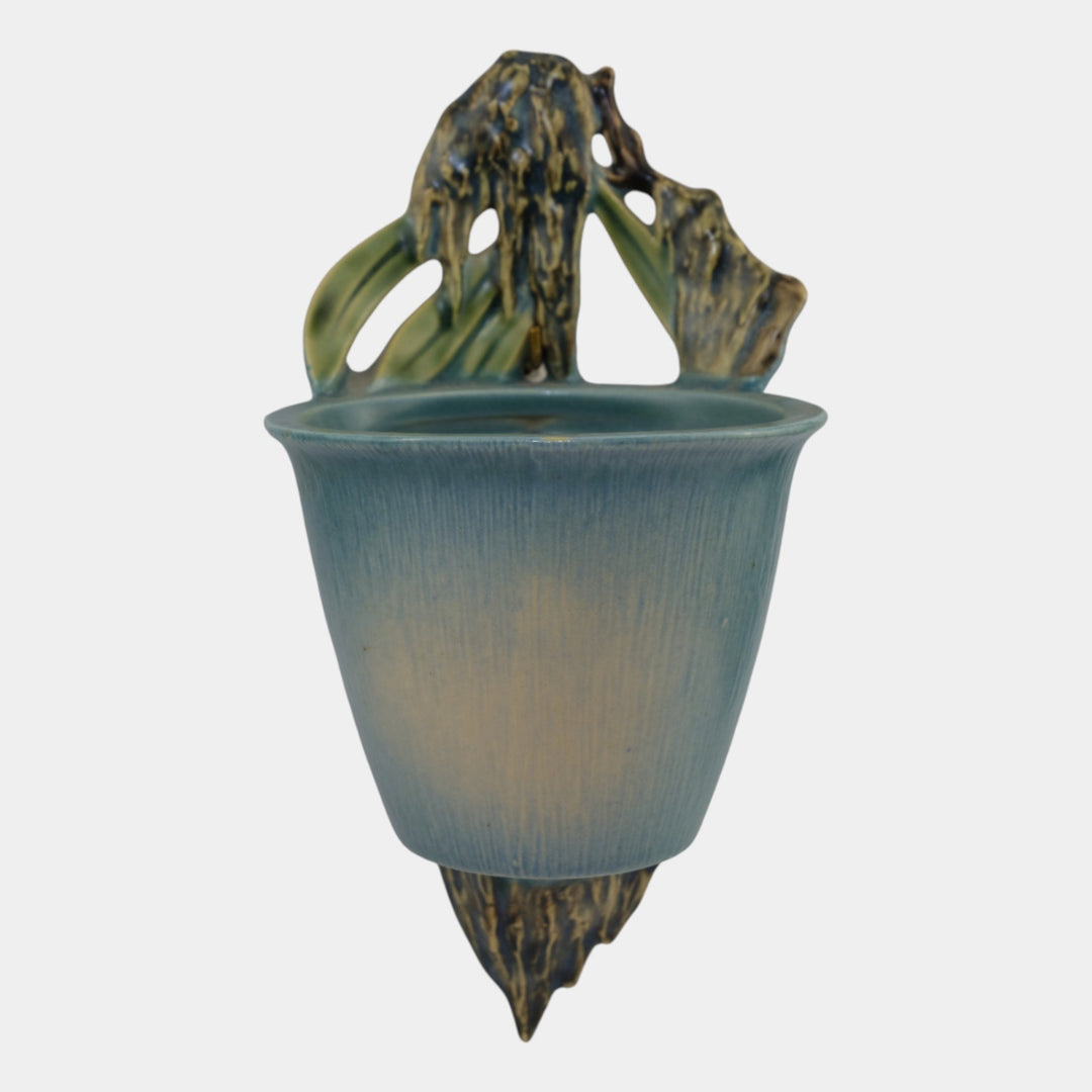 Roseville Moss Blue 1936 Vintage Art Pottery Bucket Wall Pocket 1279-4