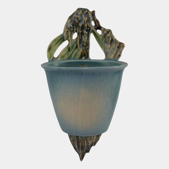 Roseville Moss Blue 1936 Vintage Art Pottery Bucket Wall Pocket 1279-4