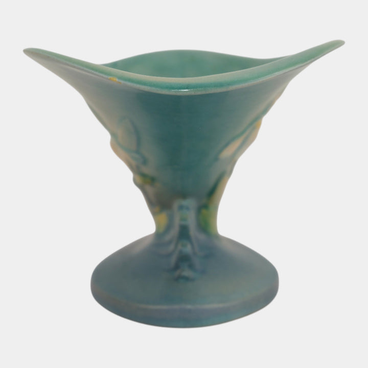 Roseville Iris Blue 1939 Vintage Art Deco Pottery Cornucopia Flower Vase 132-8