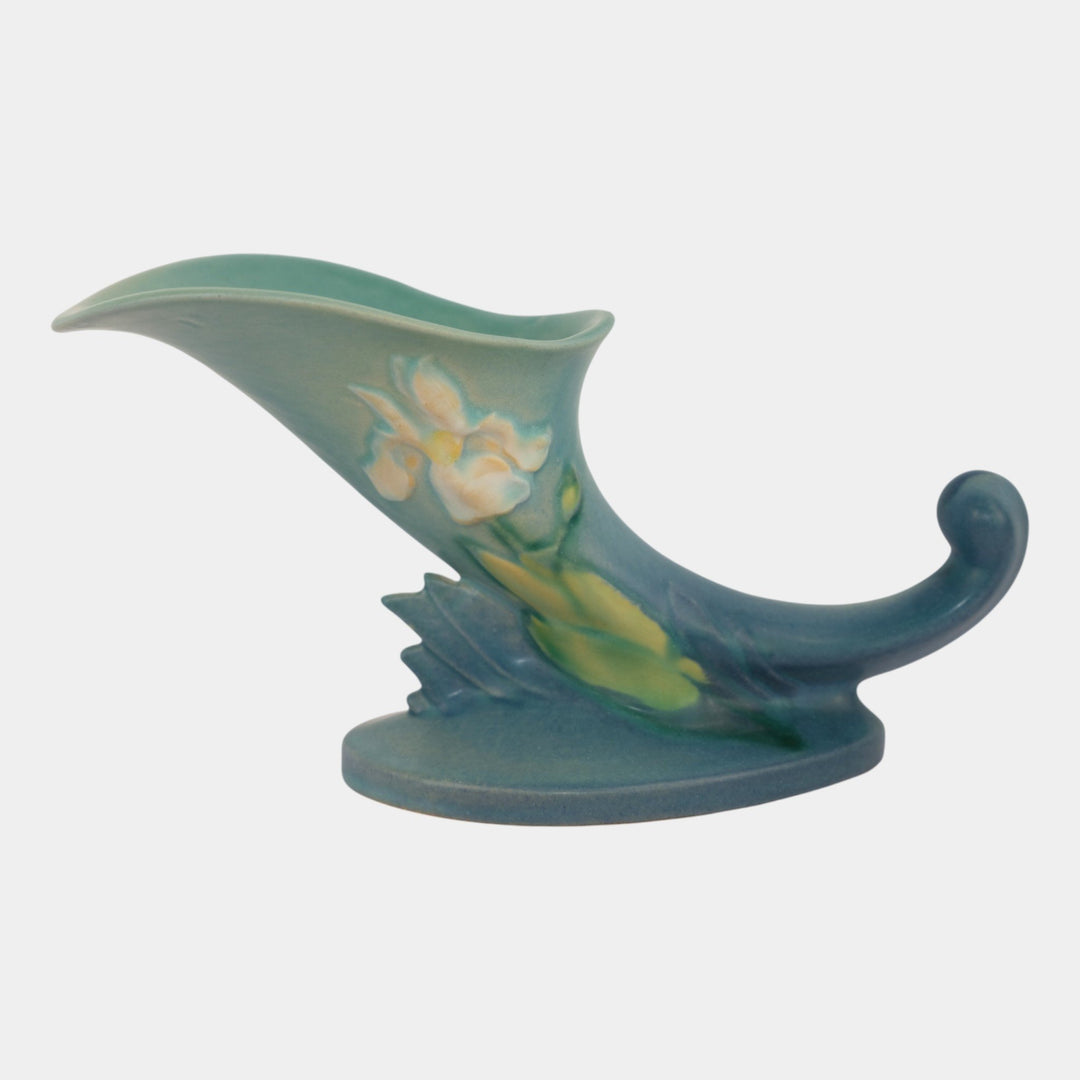 Roseville Iris Blue 1939 Vintage Art Deco Pottery Cornucopia Flower Vase 132-8