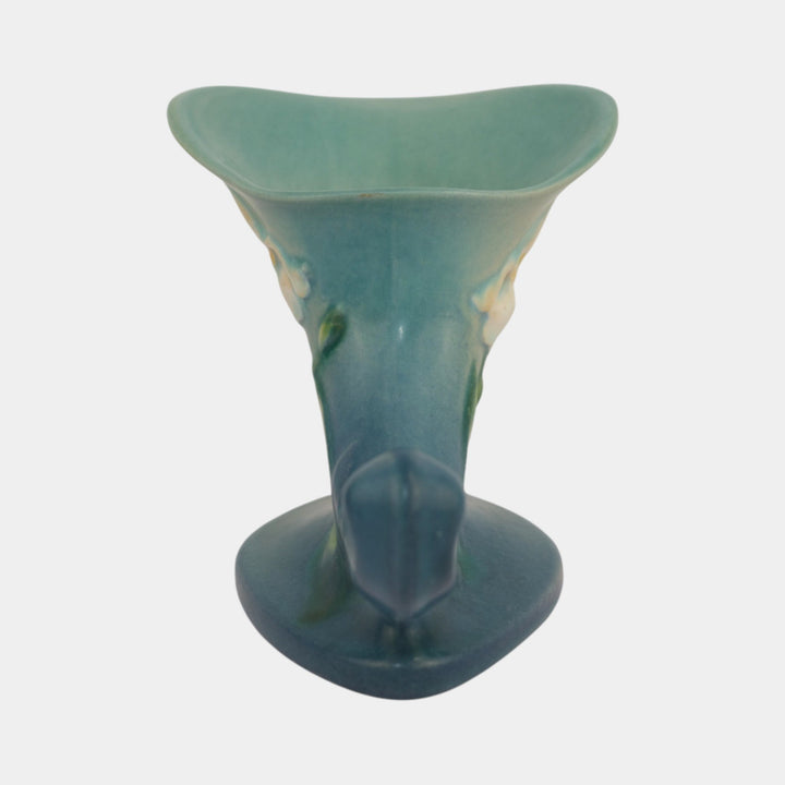 Roseville Iris Blue 1939 Vintage Art Deco Pottery Cornucopia Flower Vase 132-8