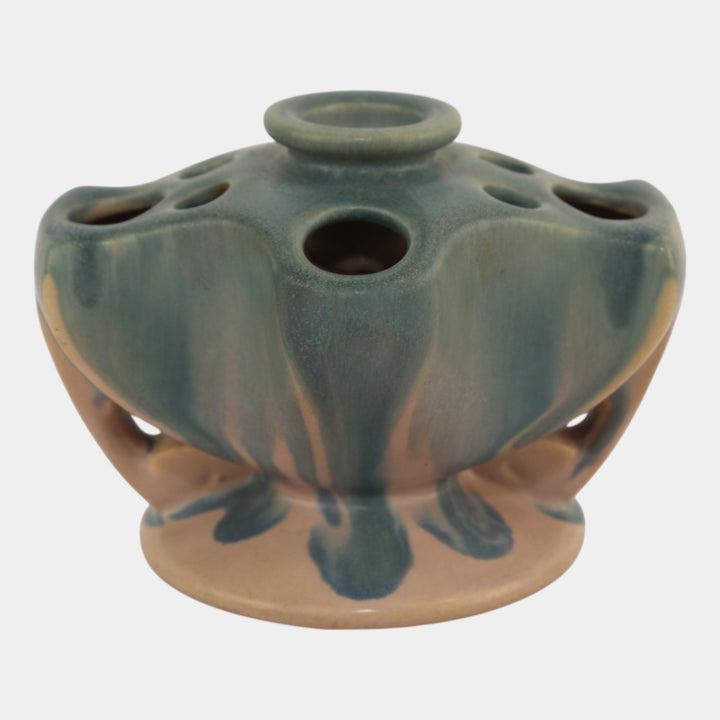 Roseville Pottery Carnelian I Pink And Blue Candle Holder Flower Frog 62-3