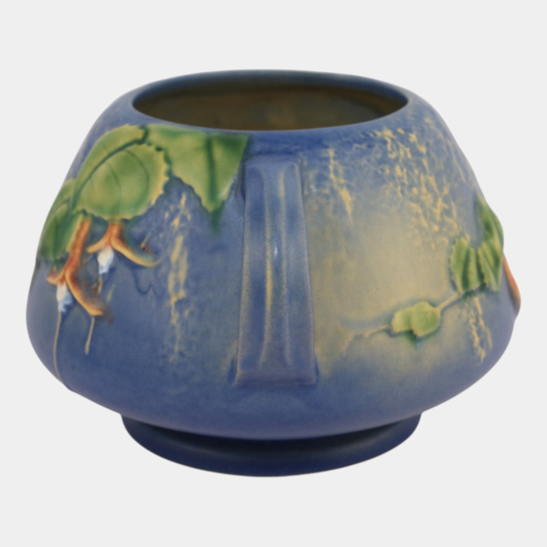 Roseville Fuchsia Blue 1938 Vintage Art Pottery Handled Ceramic Bowl Vase 346-4