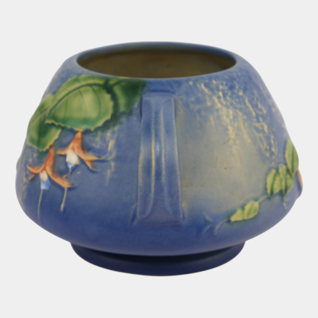 Roseville Fuchsia Blue 1938 Vintage Art Pottery Handled Ceramic Bowl Vase 346-4