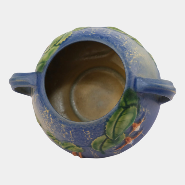 Roseville Fuchsia Blue 1938 Vintage Art Pottery Handled Ceramic Bowl Vase 346-4