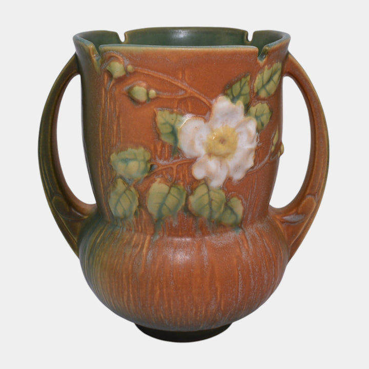 Roseville White Rose Brown 1940 Mid Century Modern Pottery Ceramic Vase 985-8