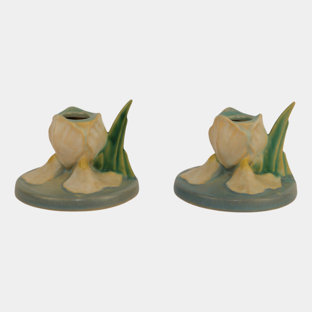 Roseville Iris Blue 1939 Vintage Art Deco Pottery Ceramic Candle Holders 1134-2