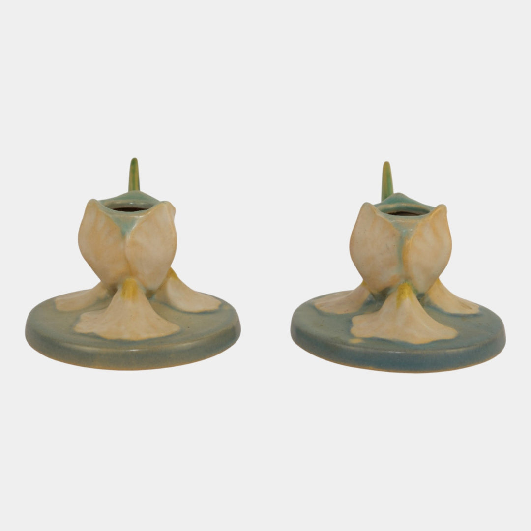 Roseville Iris Blue 1939 Vintage Art Deco Pottery Ceramic Candle Holders 1134-2