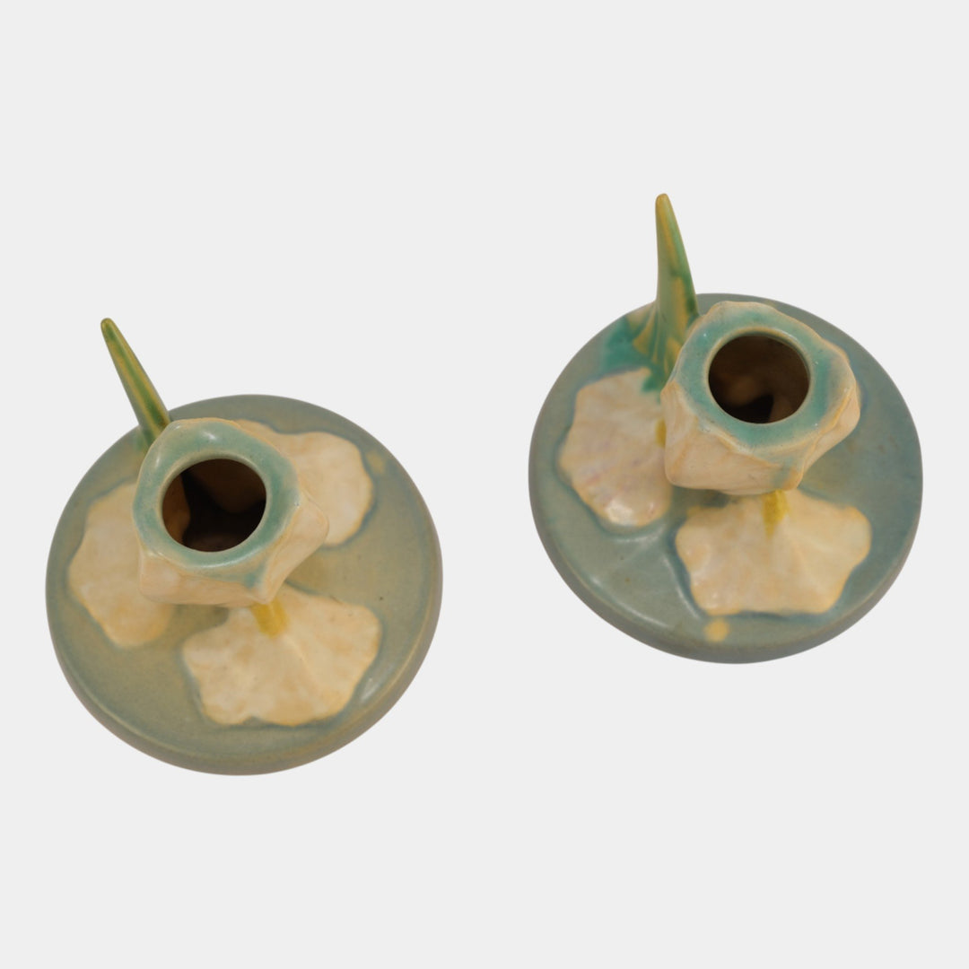 Roseville Iris Blue 1939 Vintage Art Deco Pottery Ceramic Candle Holders 1134-2