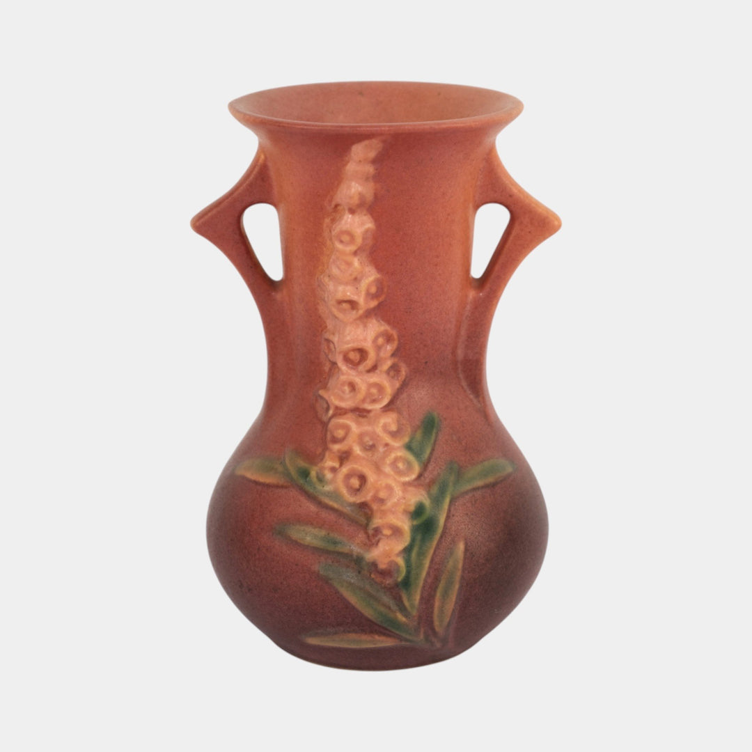 Roseville Foxglove Pink 1942 Vintage Art Deco Pottery Double Handle Vase 43-6