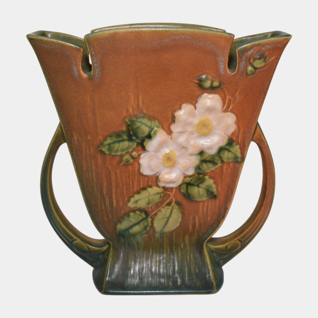 Roseville White Rose Brown 1940 Mid Century Modern Pottery Ceramic