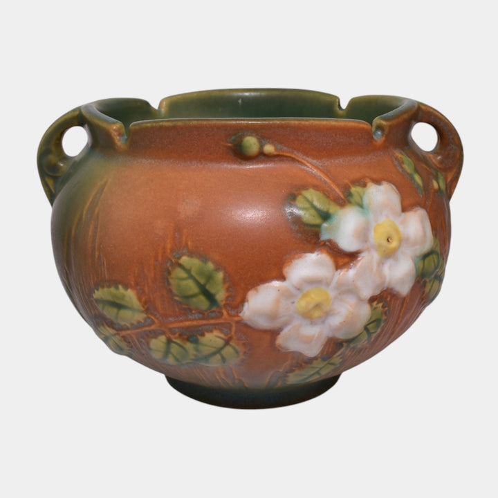 Roseville White Rose Brown 1940 Vintage Art Pottery Jardiniere 653-4