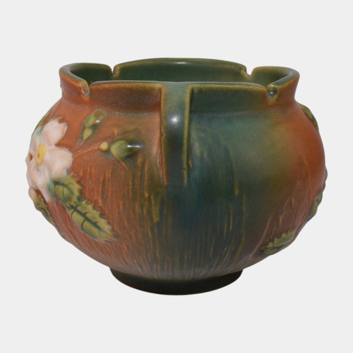 Roseville White Rose Brown 1940 Vintage Art Pottery Jardiniere 653-4