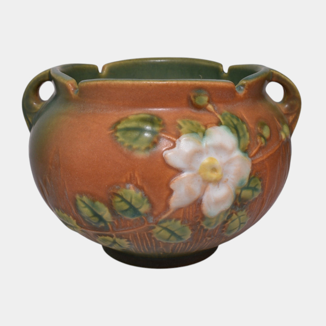 Roseville White Rose Brown 1940 Vintage Art Pottery Jardiniere 653-4
