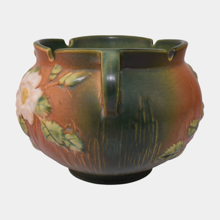Roseville White Rose Brown 1940 Art Pottery Ceramic Jardiniere Planter 653-5