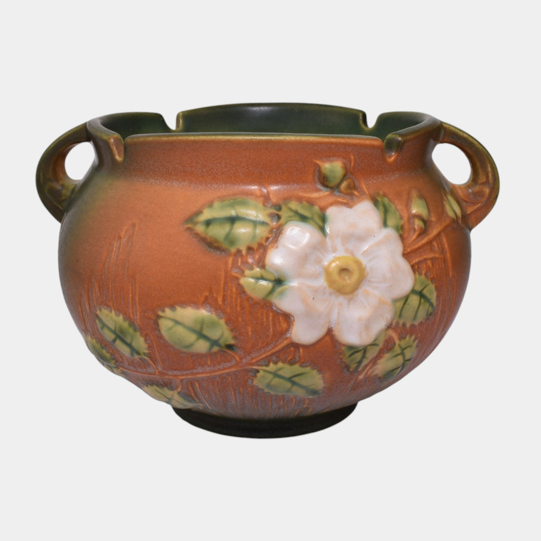 Roseville White Rose Brown 1940 Art Pottery Ceramic Jardiniere Planter 653-5