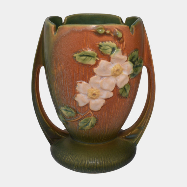 Roseville White Rose Brown 1940 Mid Century Modern Pottery Ceramic Vase 983-7