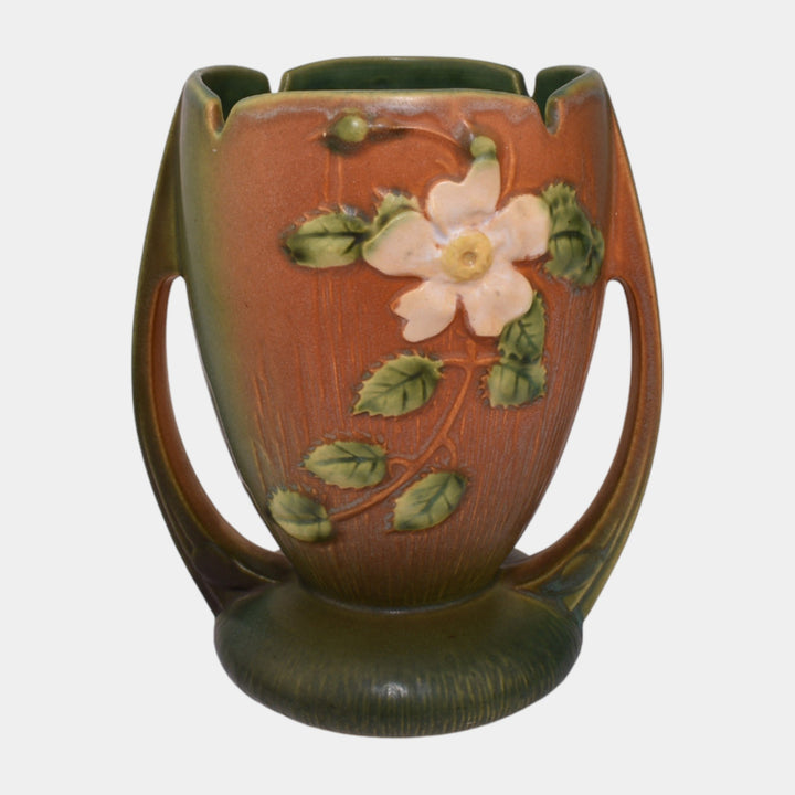 Roseville White Rose Brown 1940 Mid Century Modern Pottery Ceramic Vase 983-7