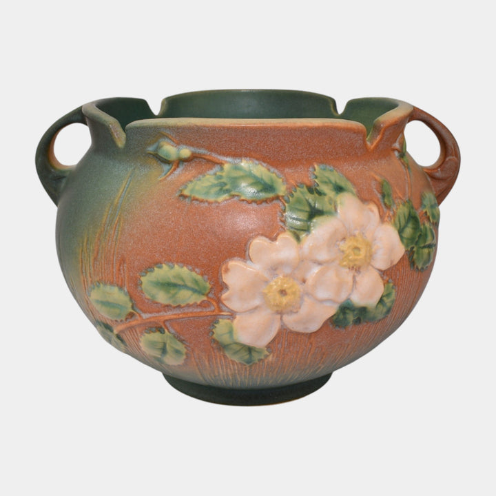Roseville White Rose Brown Green 1940 Vintage Pottery Jardiniere Planter 653-6
