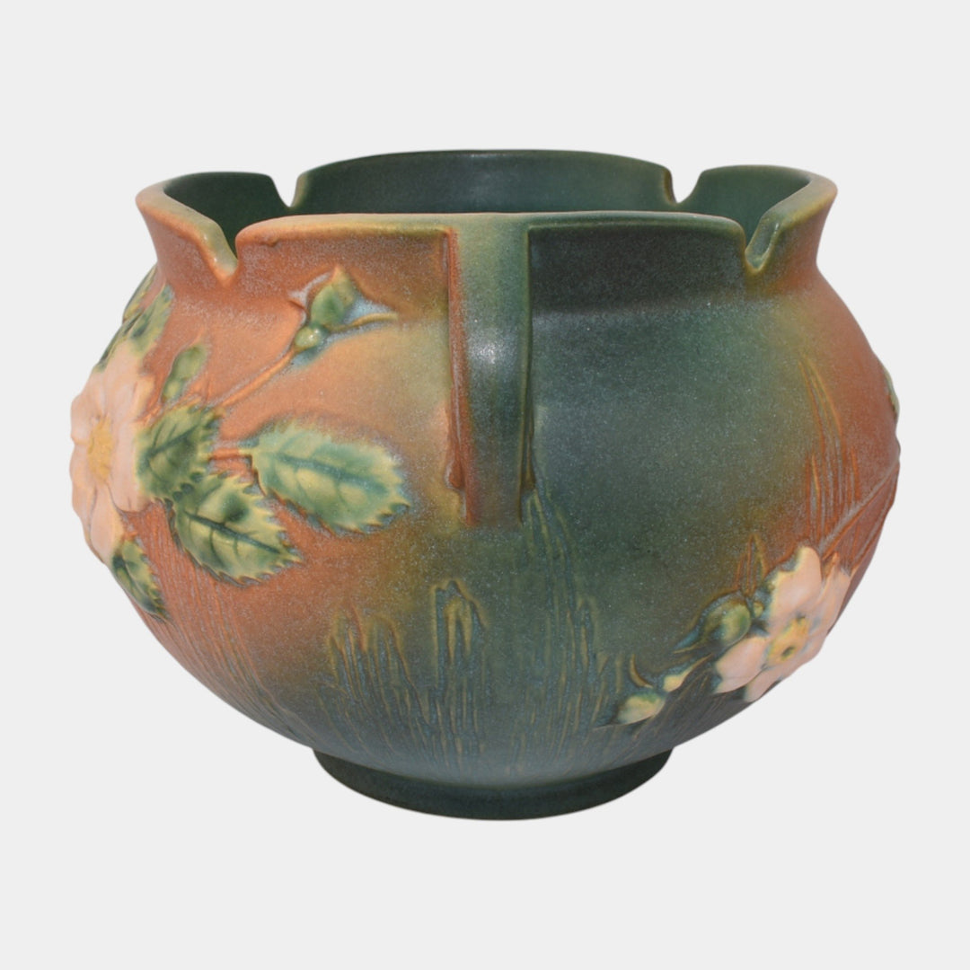 Roseville White Rose Brown Green 1940 Vintage Pottery Jardiniere Planter 653-6