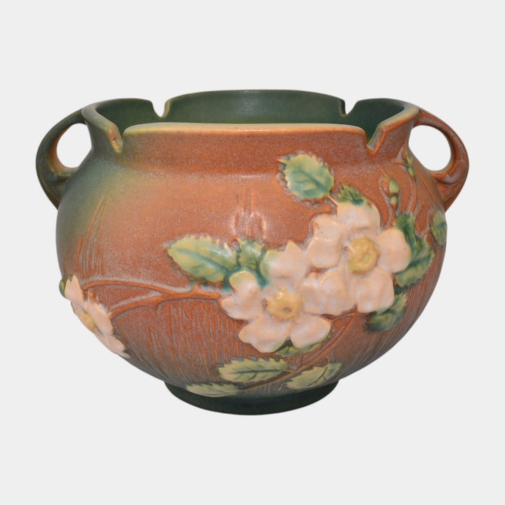 Roseville White Rose Brown Green 1940 Vintage Pottery Jardiniere Planter 653-6