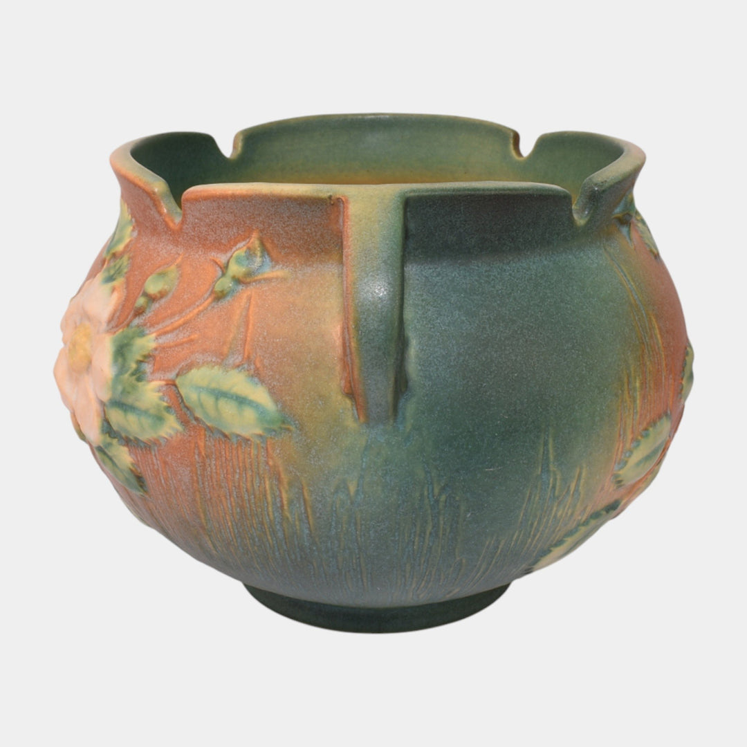 Roseville White Rose Brown Green 1940 Vintage Pottery Jardiniere Planter 653-6
