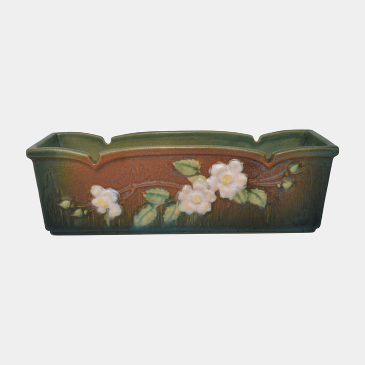 Roseville White Rose Brown 1940 Vintage Pottery Ceramic Window Box Planter 382-9