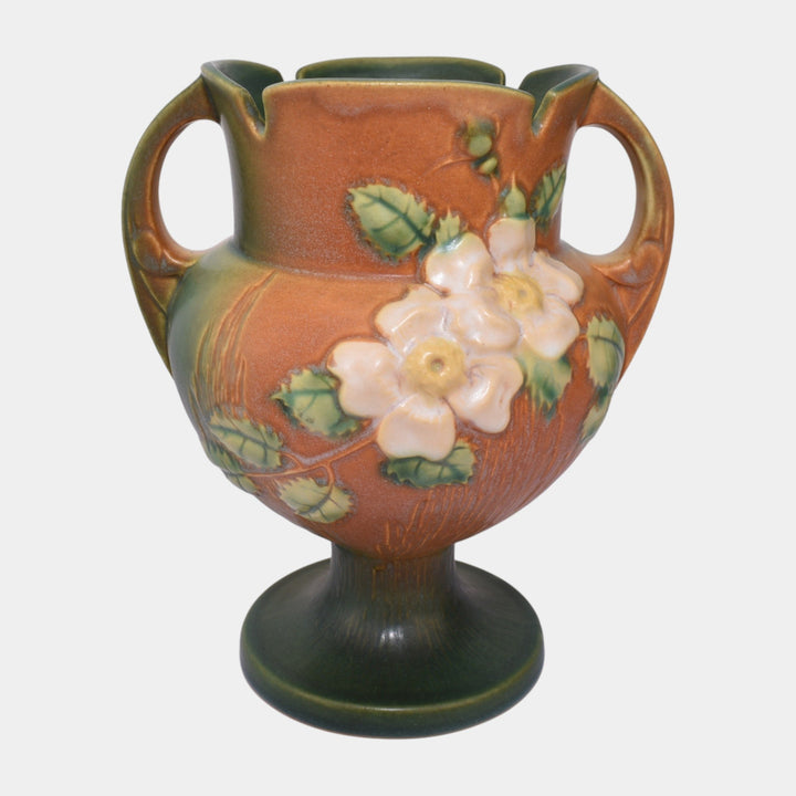 Roseville White Rose Brown 1940 Mid Century Modern Pottery Ceramic Vase 147-8