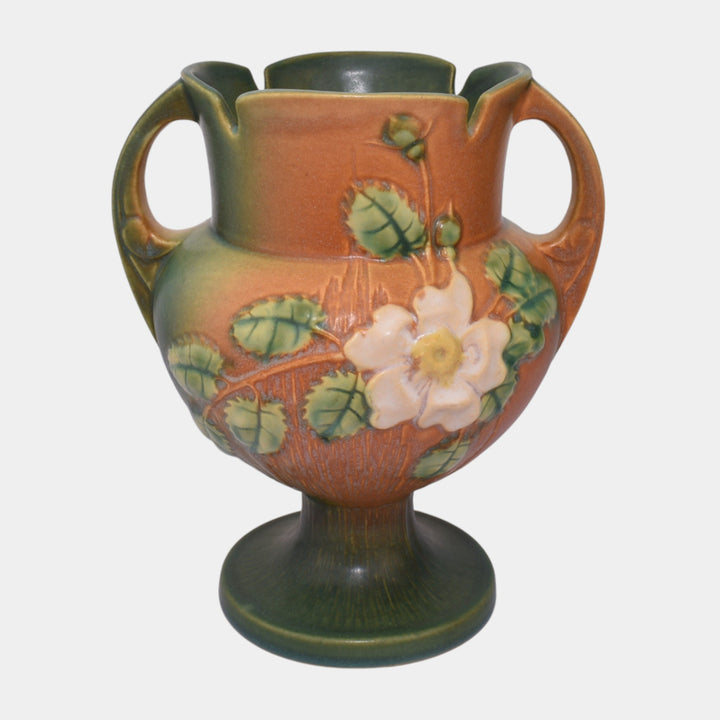 Roseville White Rose Brown 1940 Mid Century Modern Pottery Ceramic Vase 147-8