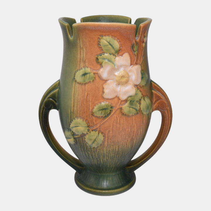 Roseville White Rose Brown 1940 Vintage Art Deco Pottery Ceramic Vase 986-9