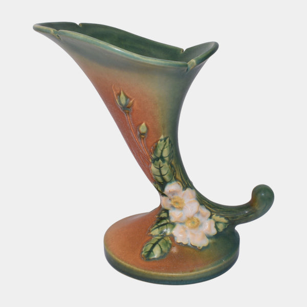 Roseville White Rose Brown 1940 Vintage Pottery Ceramic Cornucopia