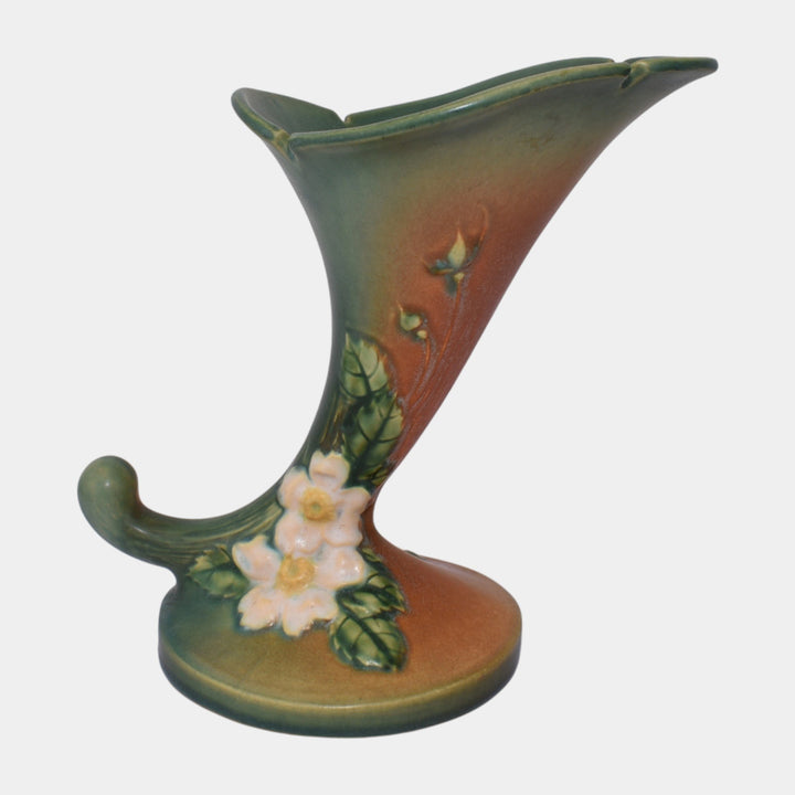 Roseville White Rose Brown 1940 Vintage Pottery Ceramic Cornucopia Vase 144-8