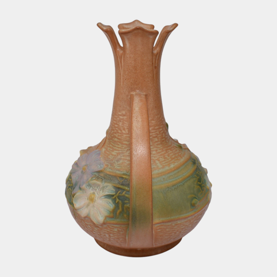 Roseville Cosmos Tan 1939 Vintage Art Deco Pottery Handled Ceramic Vase 948-7