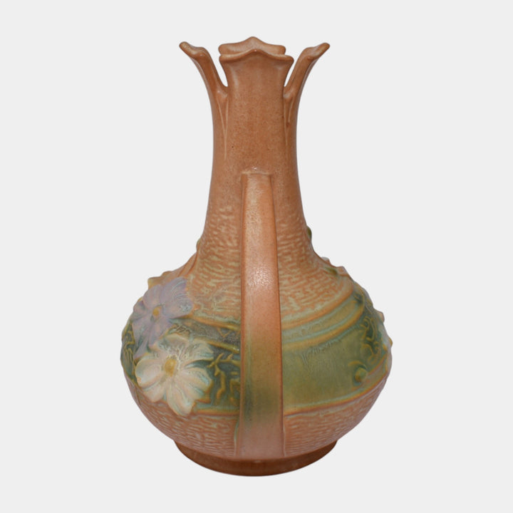 Roseville Cosmos Tan 1939 Vintage Art Deco Pottery Handled Ceramic Vase 948-7