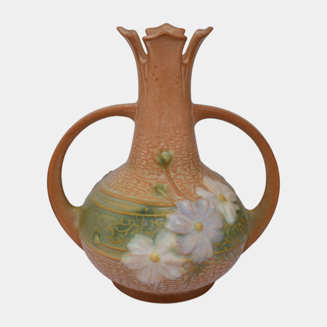 Roseville Cosmos Tan 1939 Vintage Art Deco Pottery Handled Ceramic Vase 948-7