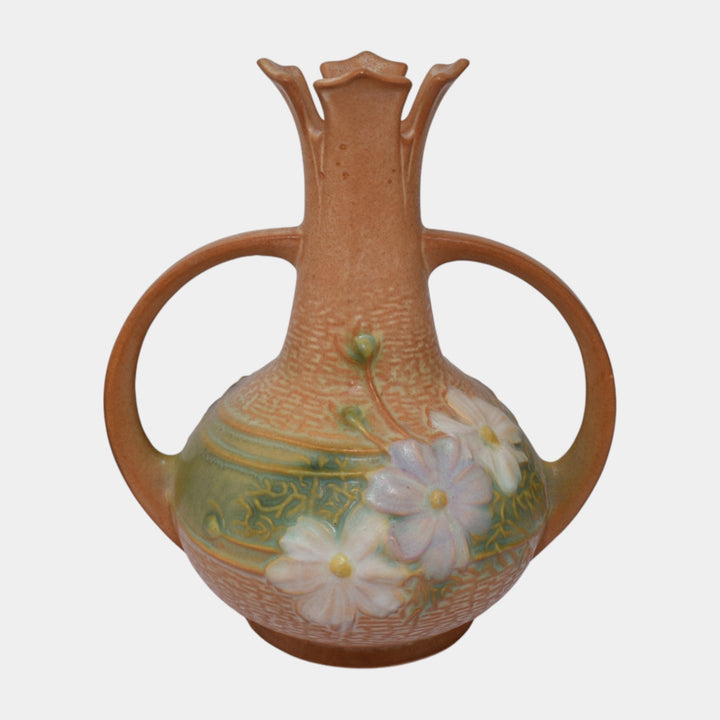 Roseville Cosmos Tan 1939 Vintage Art Deco Pottery Handled Ceramic Vase 948-7