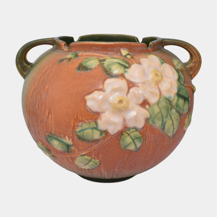 Roseville White Rose Brown 1940 Mid Century Modern Pottery Planter Bowl 388-7 - Just Art Pottery