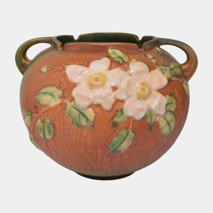 Roseville White Rose Brown 1940 Mid Century Modern Pottery Planter Bowl 388-7 - Just Art Pottery