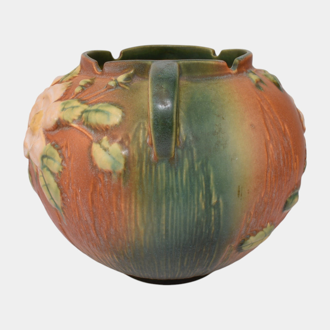 Roseville White Rose Brown 1940 Mid Century Modern Pottery Planter Bowl 388-7 - Just Art Pottery