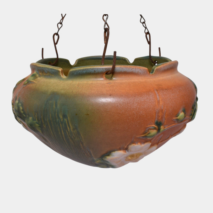 Roseville White Rose Brown 1940 Art Pottery Ceramic Hanging Basket Planter 463-5
