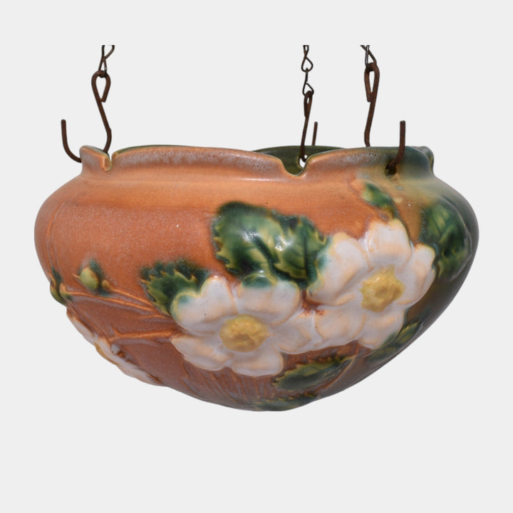 Roseville White Rose Brown 1940 Art Pottery Ceramic Hanging Basket Planter 463-5