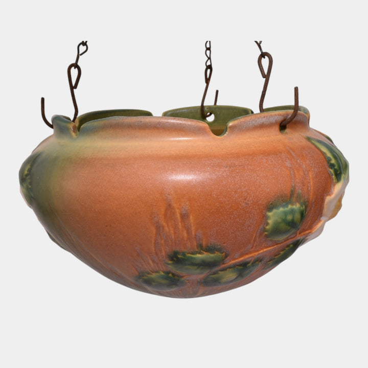 Roseville White Rose Brown 1940 Art Pottery Ceramic Hanging Basket Planter 463-5